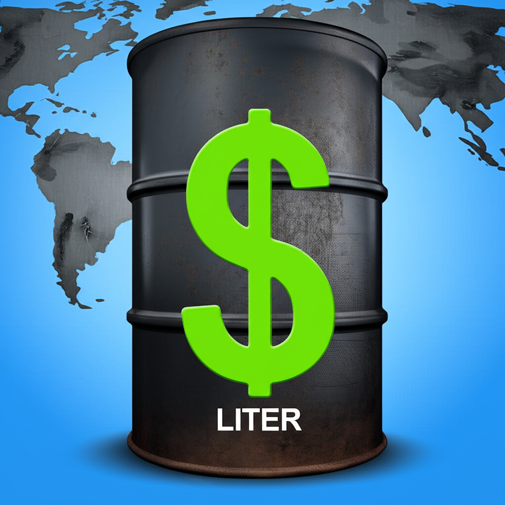 Oil barrel with dollar sign and liter measurement global oil trade conversion
