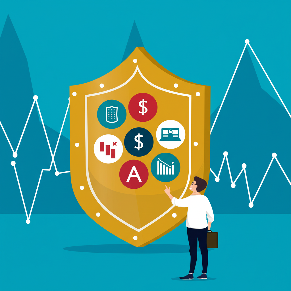 Illustration of a shield protecting assets from fluctuating market prices a calm investor looking on