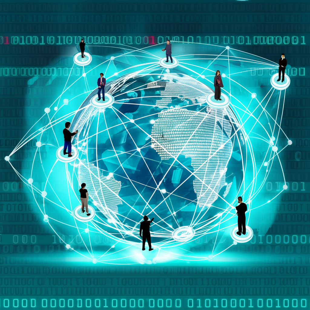 ภาพประกอบของผู้คนแลกเปลี่ยนข้อมูลดิจิทัลในเครือข่ายโลก แสดงถึงความสำคัญของการค้าในโลกสมัยใหม่