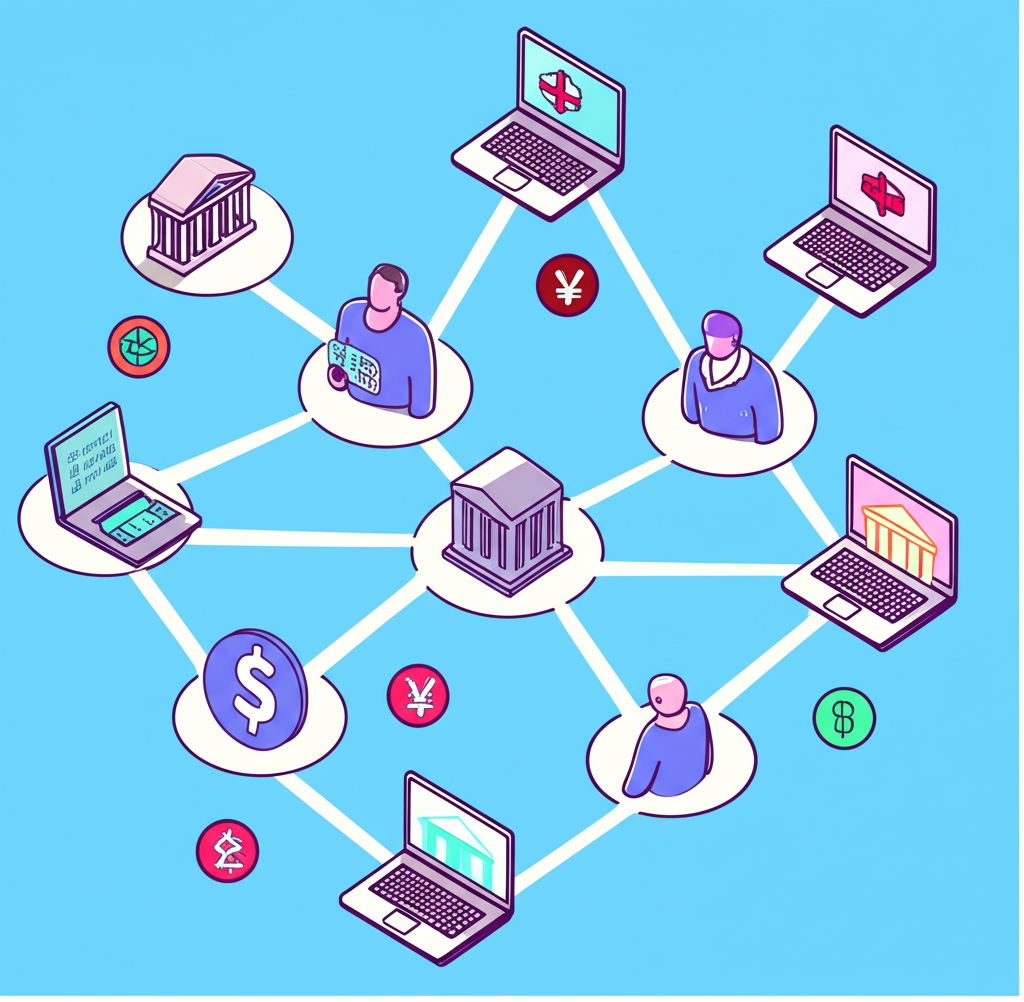 Illustration of various financial institutions and individual traders connected by digital network exchanging currencies