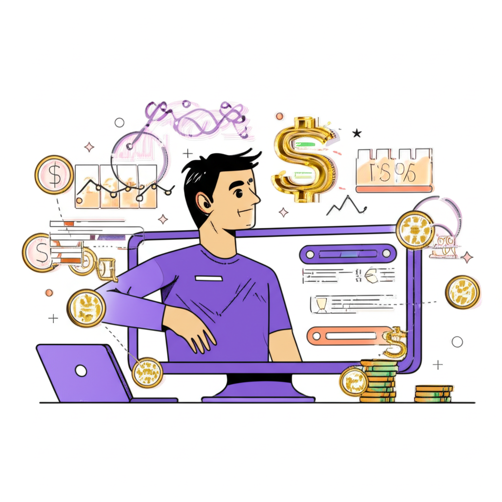 เทรดเดอร์กำลังวิเคราะห์กราฟ Forex อย่างมั่นใจ พร้อมข้อมูลทางการเงินและสัญลักษณ์กำไรรอบตัว