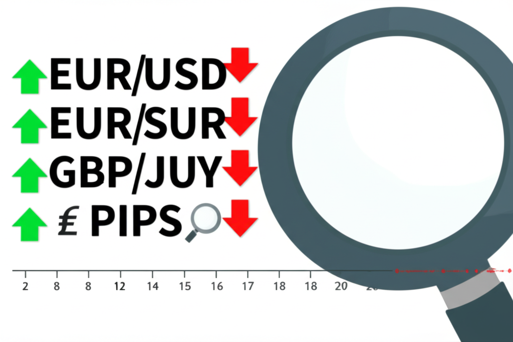 Illustration of currency pairs with up and down arrows showing price movements leverage and pips concepts