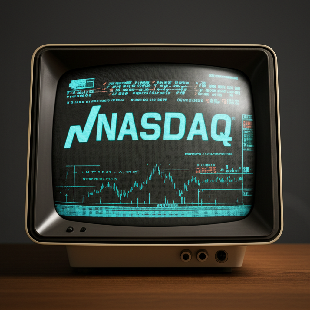 A retro computer screen from 1971 displaying Nasdaq logo and electronic stock trading illustration