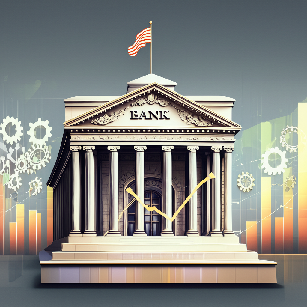 ภาพประกอบอาคารธนาคารกลางพร้อมเฟืองและกราฟที่แสดงการจัดการเศรษฐกิจและการควบคุมเงินเฟ้อ