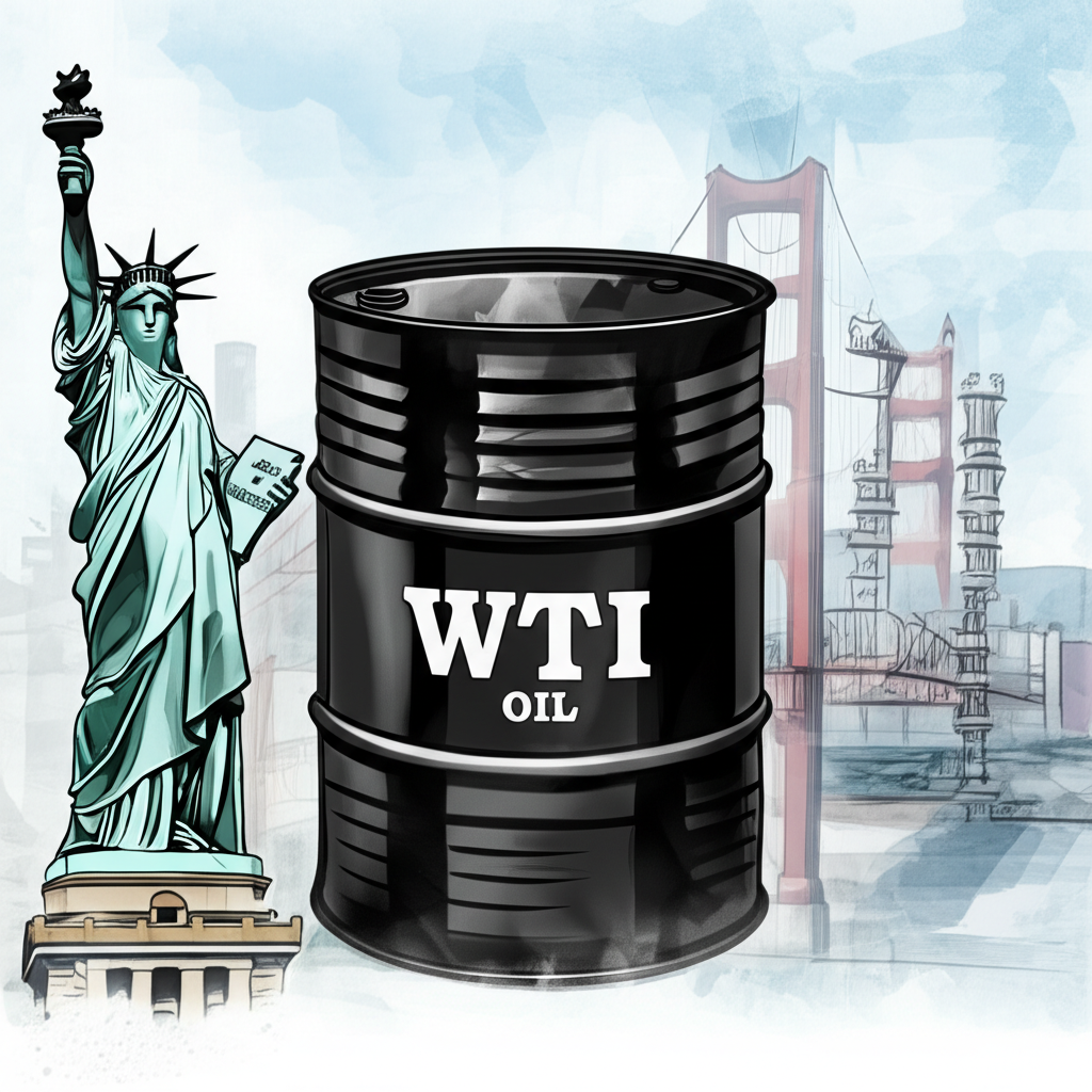 Illustration of a WTI oil barrel with US landmarks and a refinery in the background