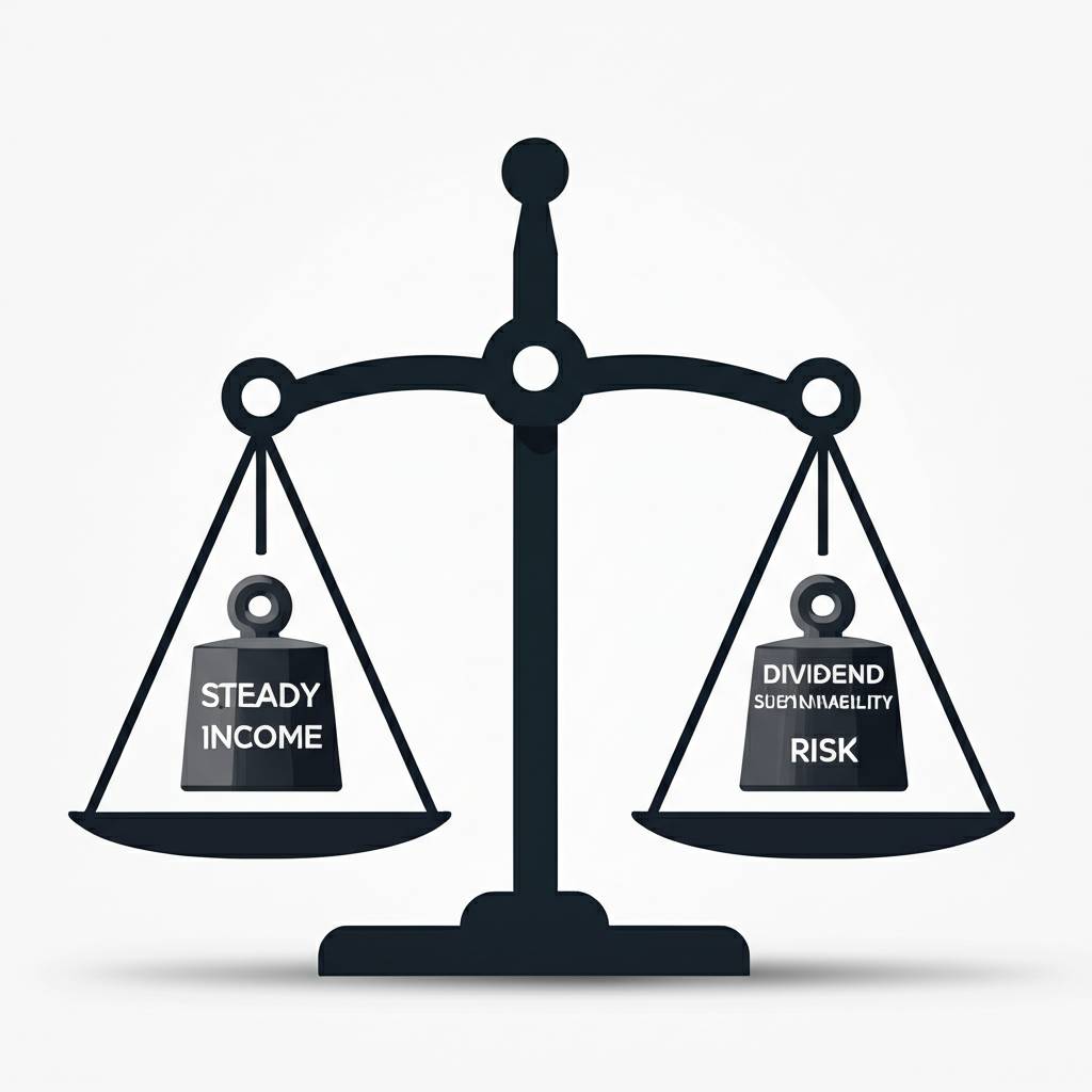 ภาพประกอบตาชั่งที่แสดงข้อดีเช่นรายได้สม่ำเสมอและความเสี่ยงเช่นความยั่งยืนของปันผลในการลงทุนหุ้นปันผล