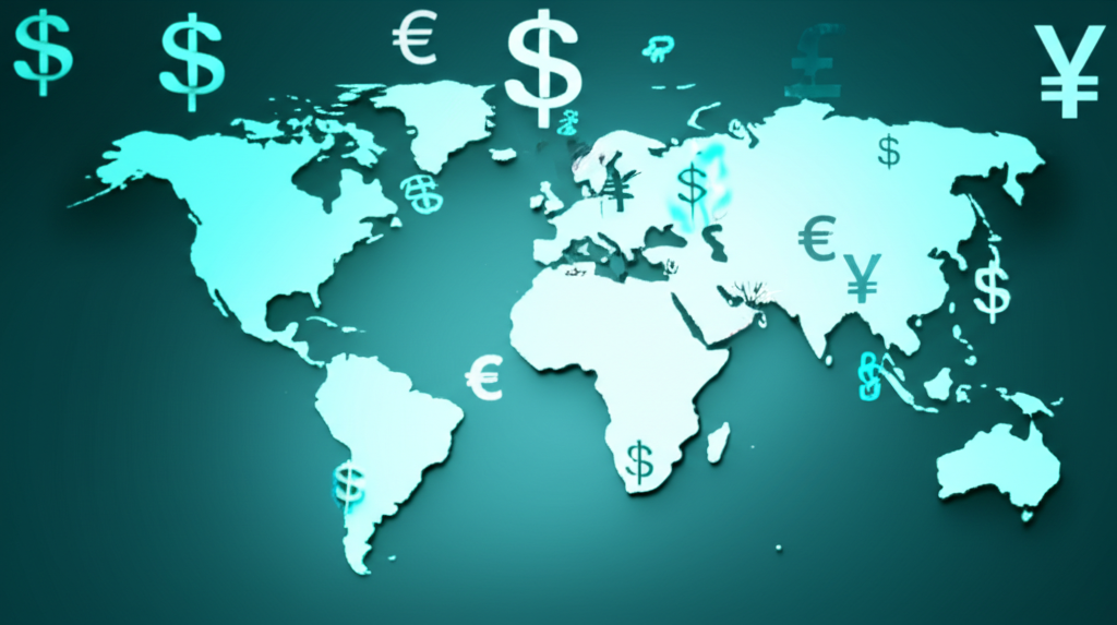 Illustration of a global financial market with currency symbols and world map background