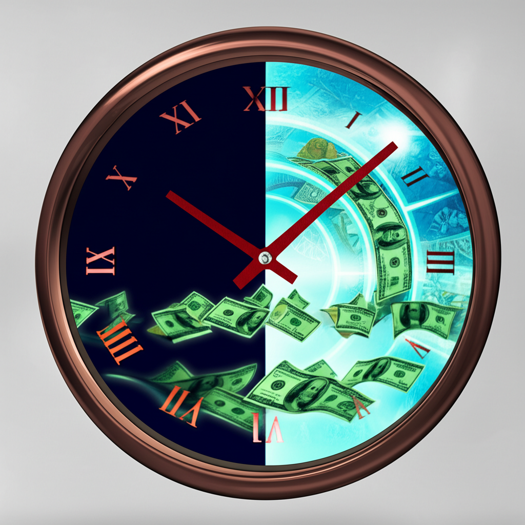 illustration of time value of money concept with clock and money flow