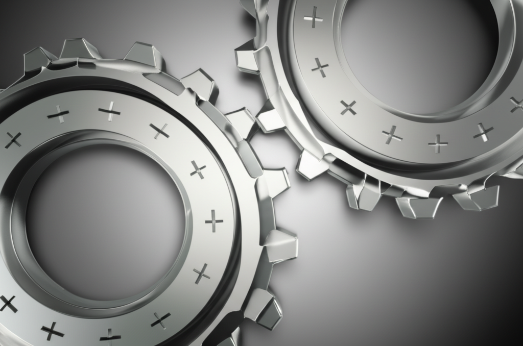 Illustration of two gears turning in opposite directions representing financial instruments balancing risk