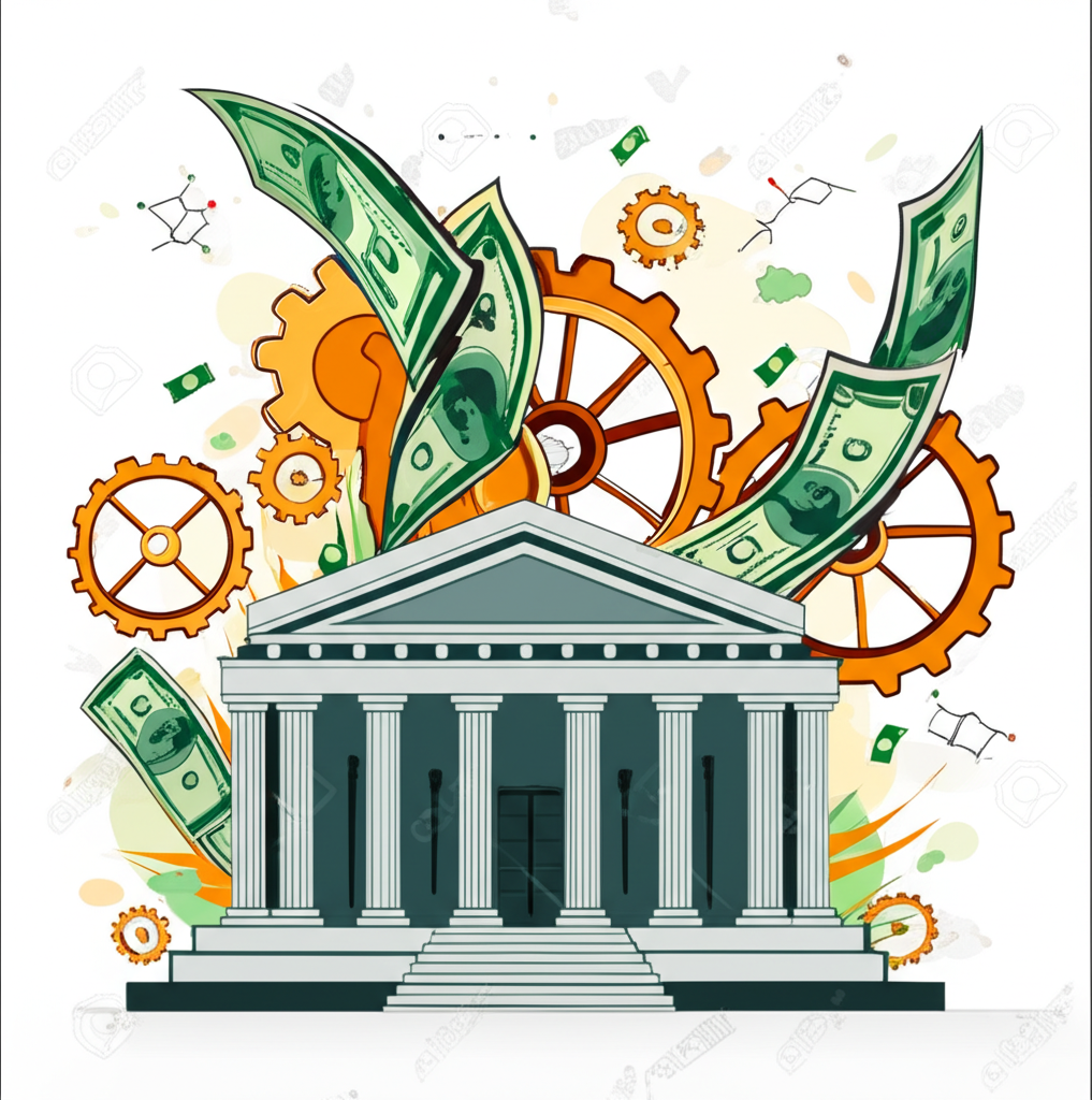 A central bank building with gears and money flowing representing monetary policy management illustration style