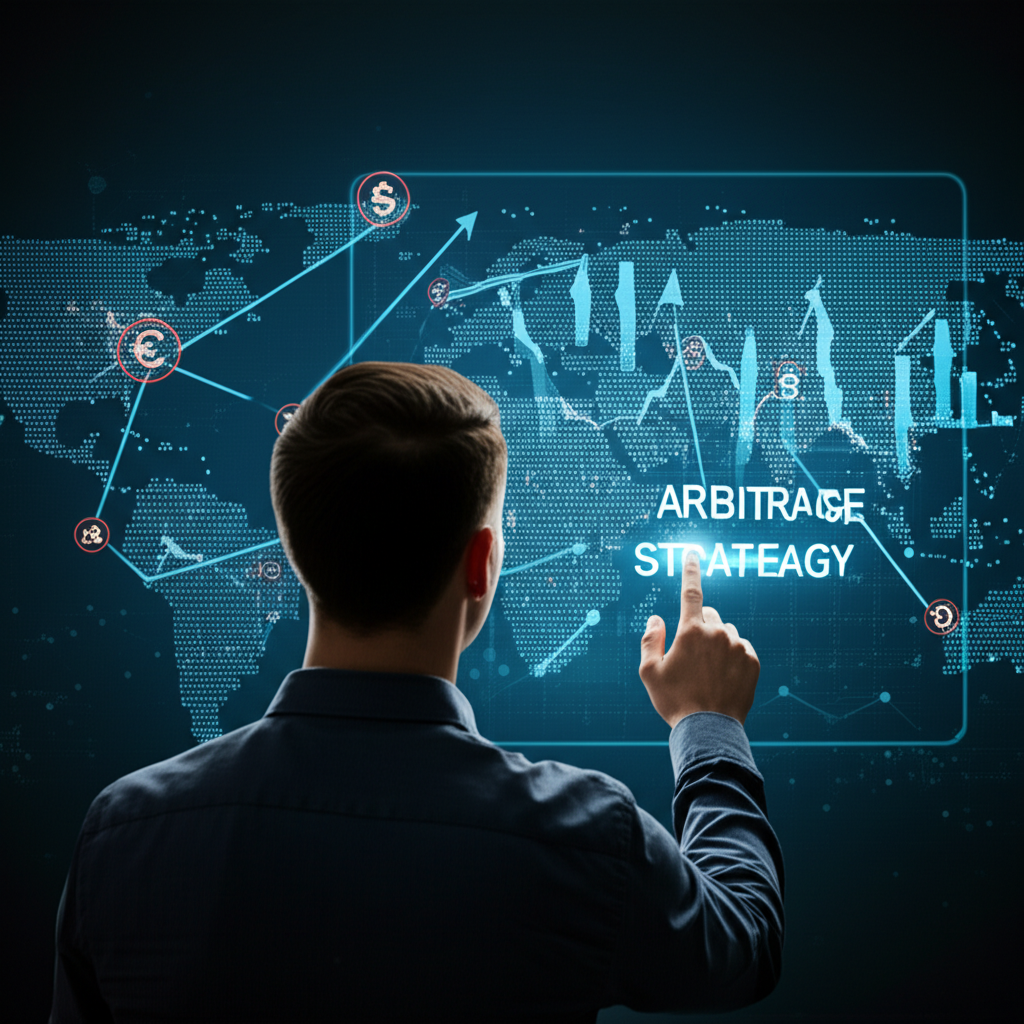 Illustration of a complex financial world with fluctuating markets and opportunities, a person studying arbitrage strategy