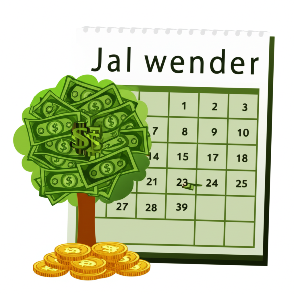 ภาพประกอบปฏิทินแสดงการจ่ายปันผลรายเดือนและต้นไม้เงินเติบโตที่สื่อถึงการลงทุนยั่งยืน