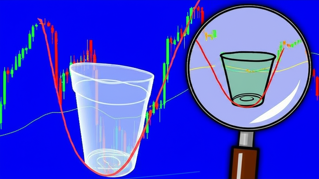 ภาพประกอบกราฟ Cup and Handle ที่ชัดเจนเกิดขึ้นในแนวโน้มขาขึ้น กระจกขยายแสดงรูปร่าง