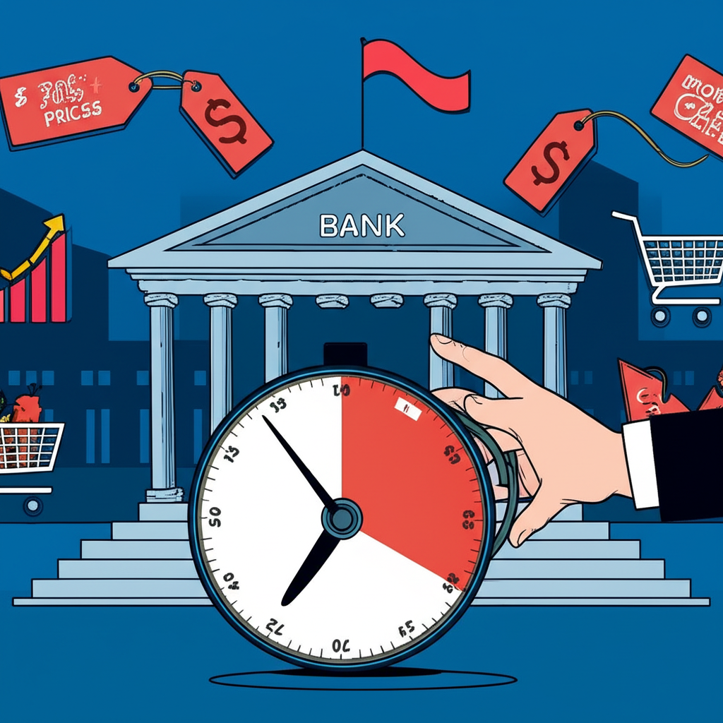 Illustration of a central bank building adjusting a large interest rate dial with inflation and high prices in the background