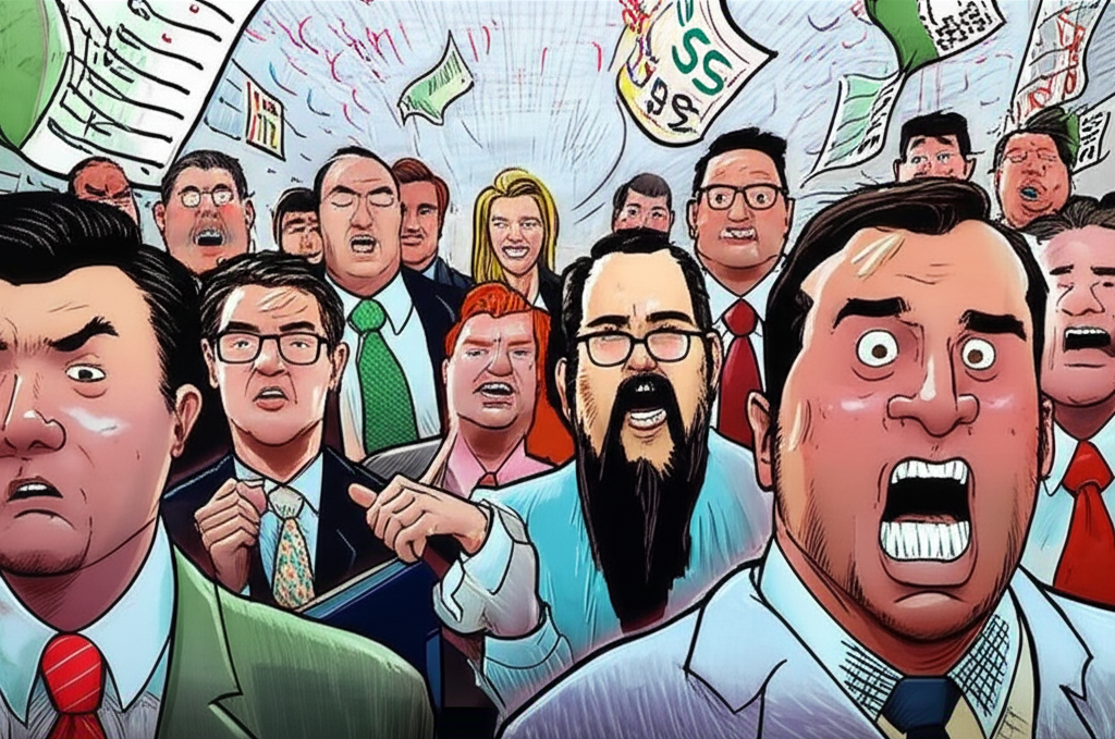 A group of investors with worried expressions forced to buy back stocks in a frantic market illustration