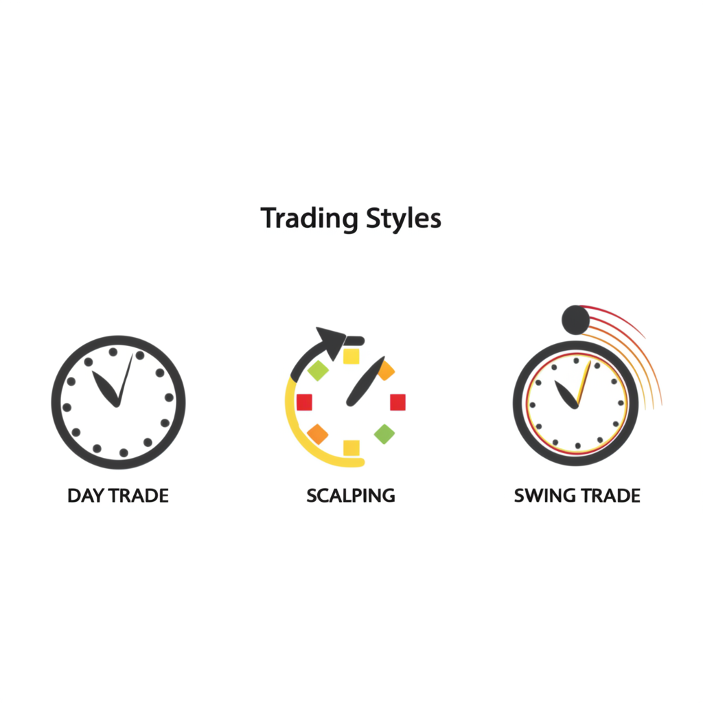 ภาพเปรียบเทียบสามรูปแบบการเทรดด้วยนาฬิกาที่มีความเร็วต่างกัน: เดย์เทรด, สแคปปิ้ง, และสวิงเทรด