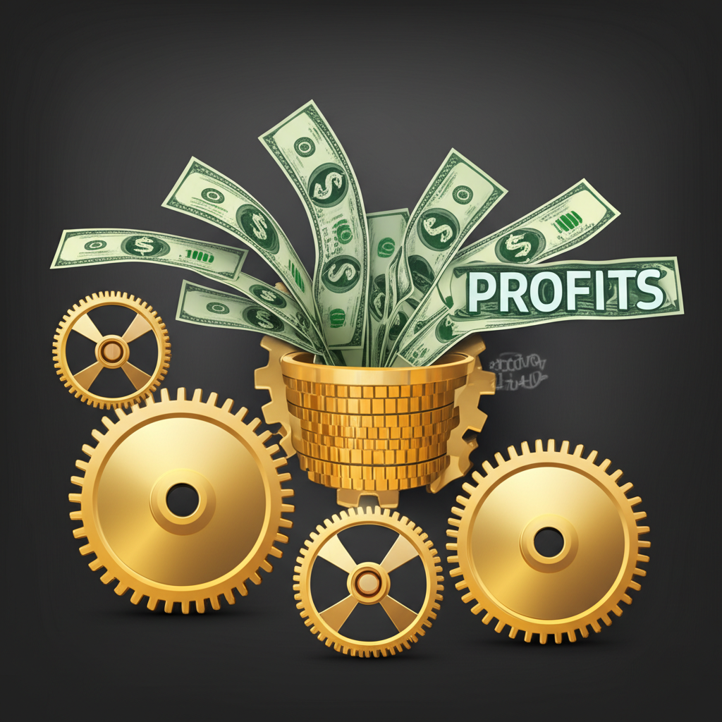 An illustration of a company efficiently managing shareholder funds with gears and money flowing into profits