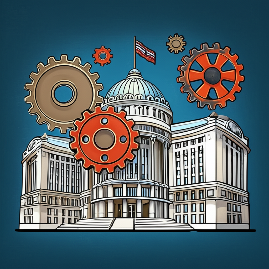 Illustration of the Bank of Thailand BOT building with gears representing economic stability inflation and household debt