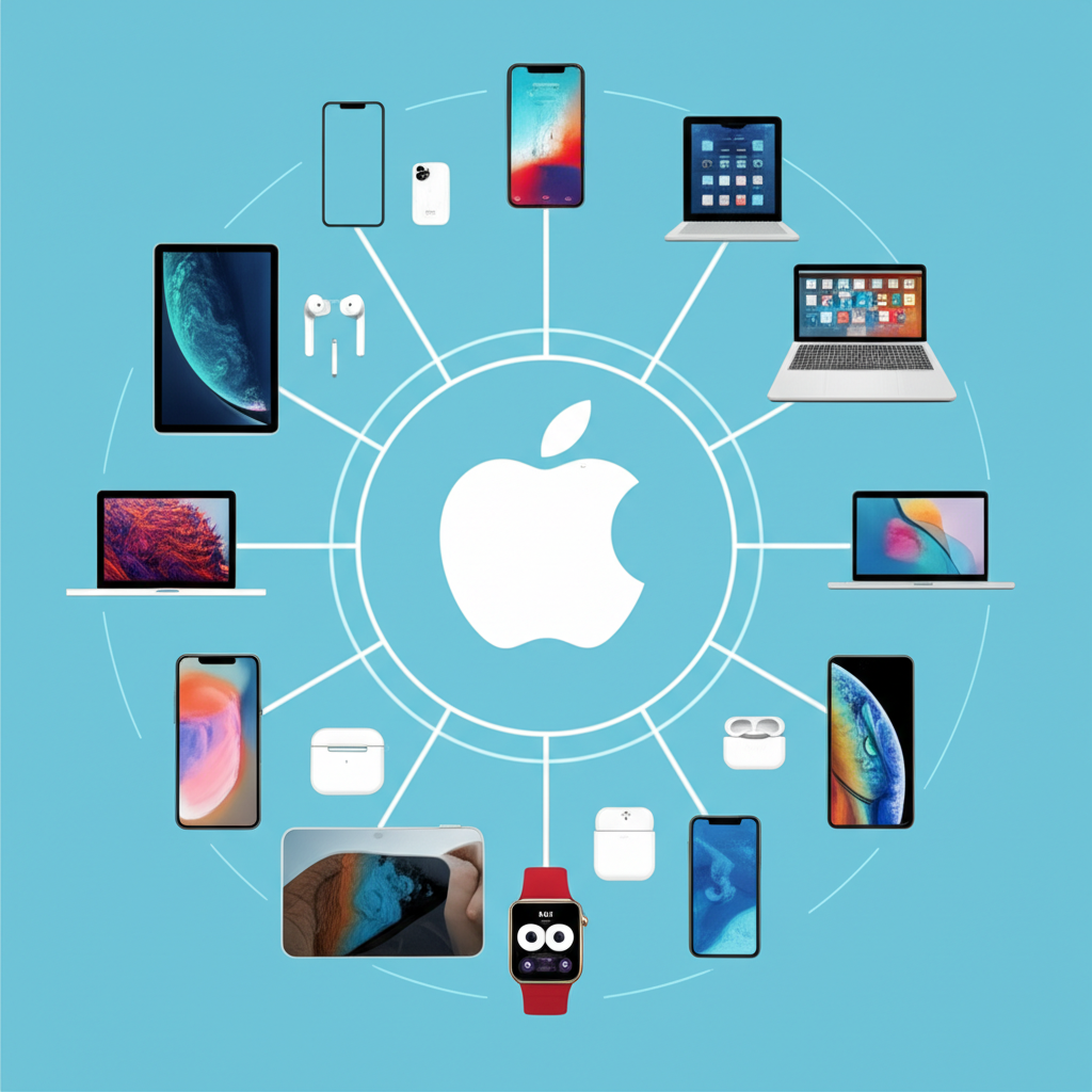 Illustration of Apple Inc as a technology empire with interconnected devices and services influencing daily life