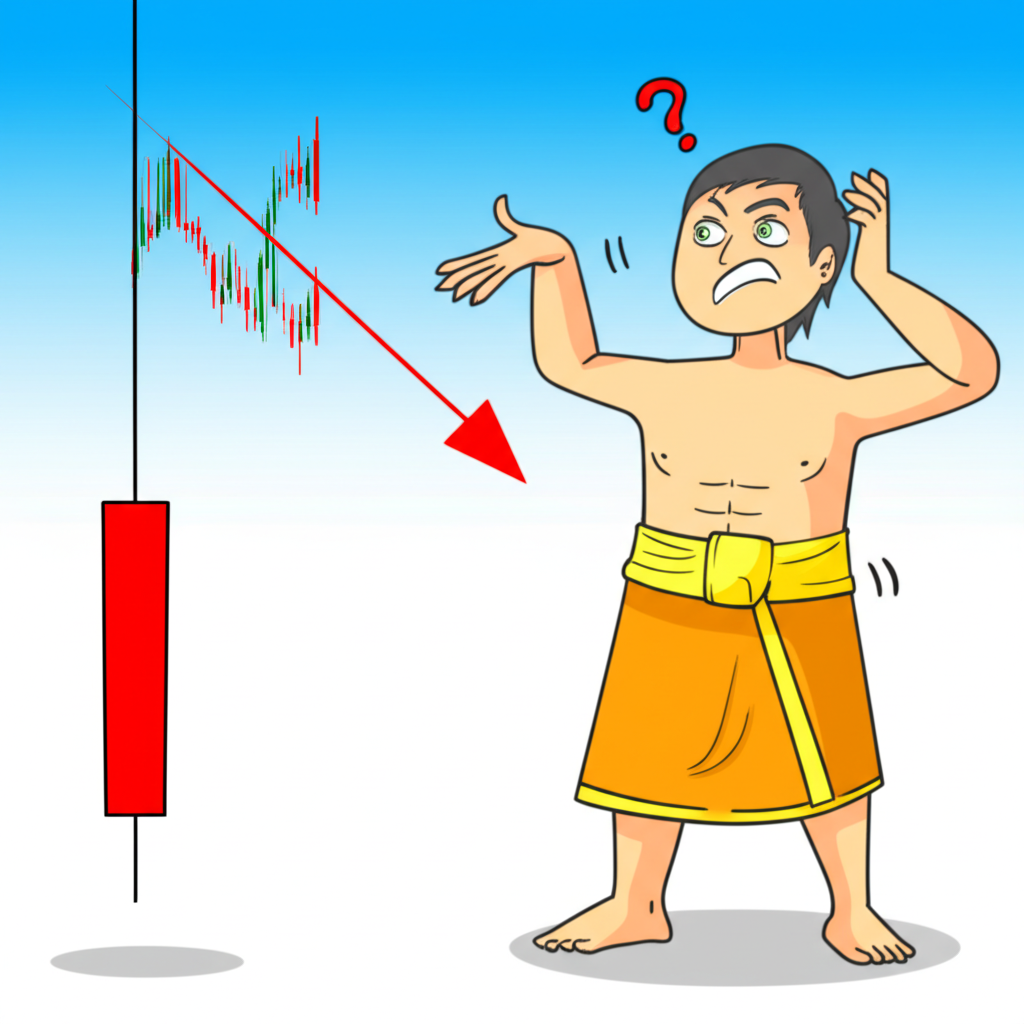illustration of a hanging man candlestick appearing on a rising stock chart warning a Thai trader