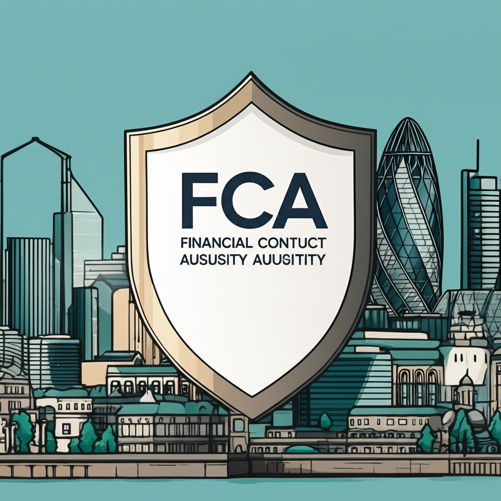Illustration of a shield protecting consumers and market stability with the FCA logo in a UK financial cityscape