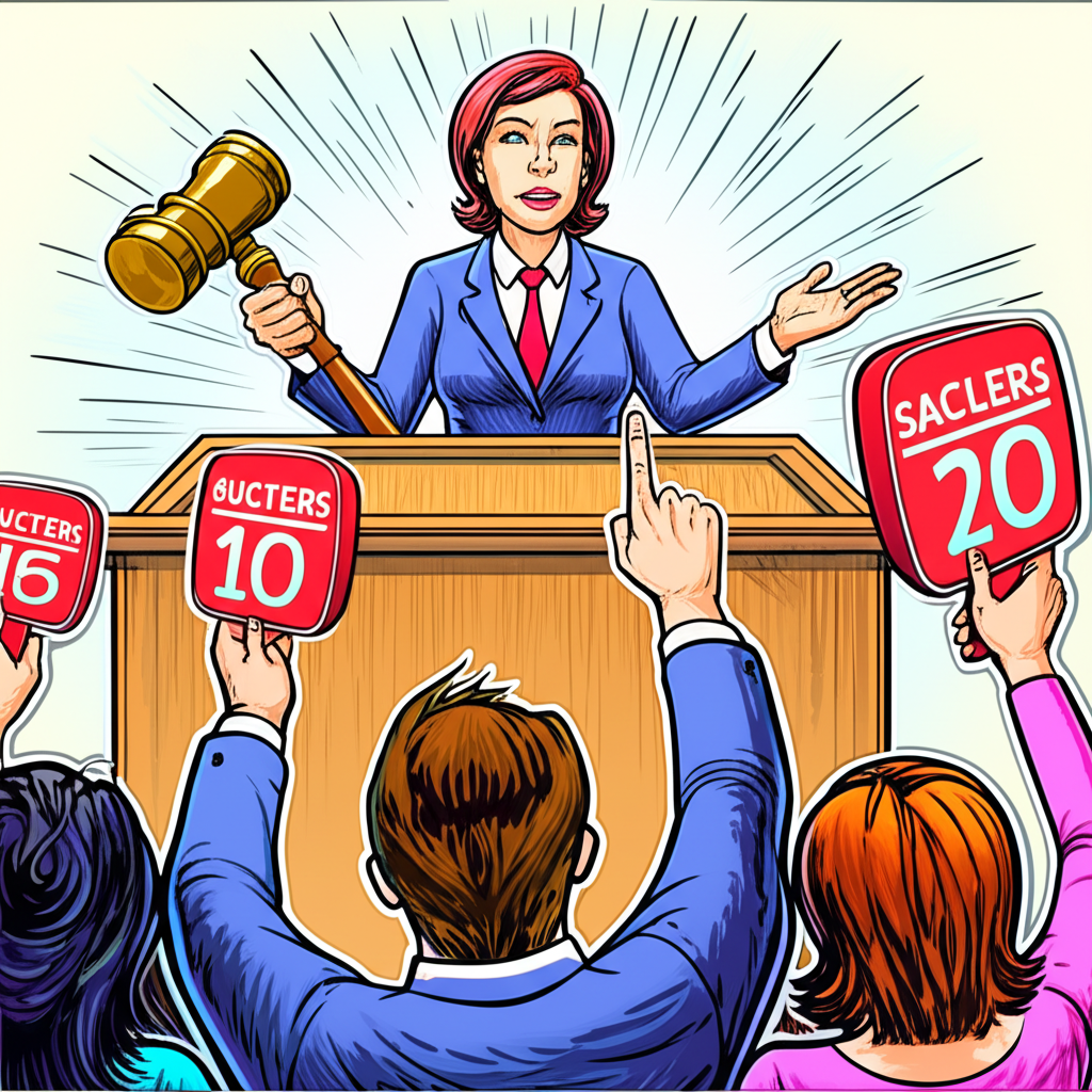 Illustration of a bidding war at an auction with a gavel a seller and multiple eager buyers raising paddles