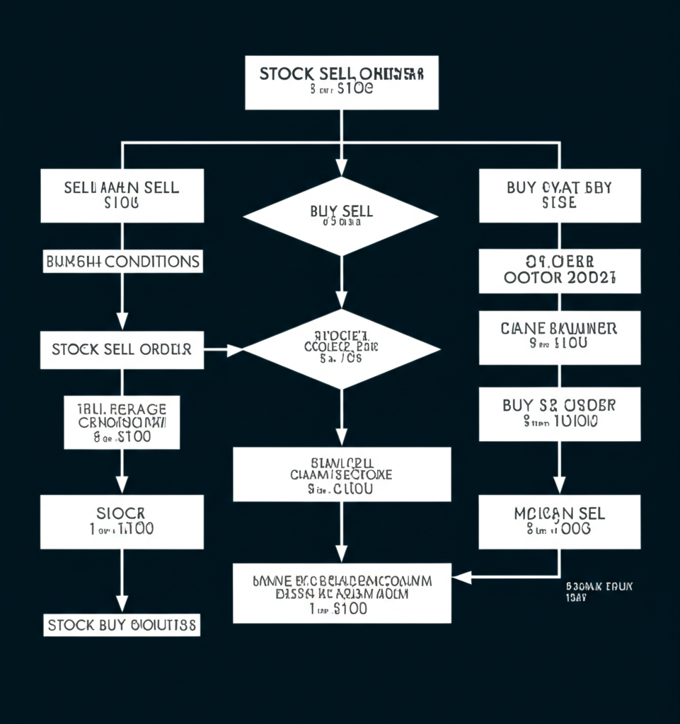 An illustration of a computer program flowchart showing conditions and automated stock buy sell orders