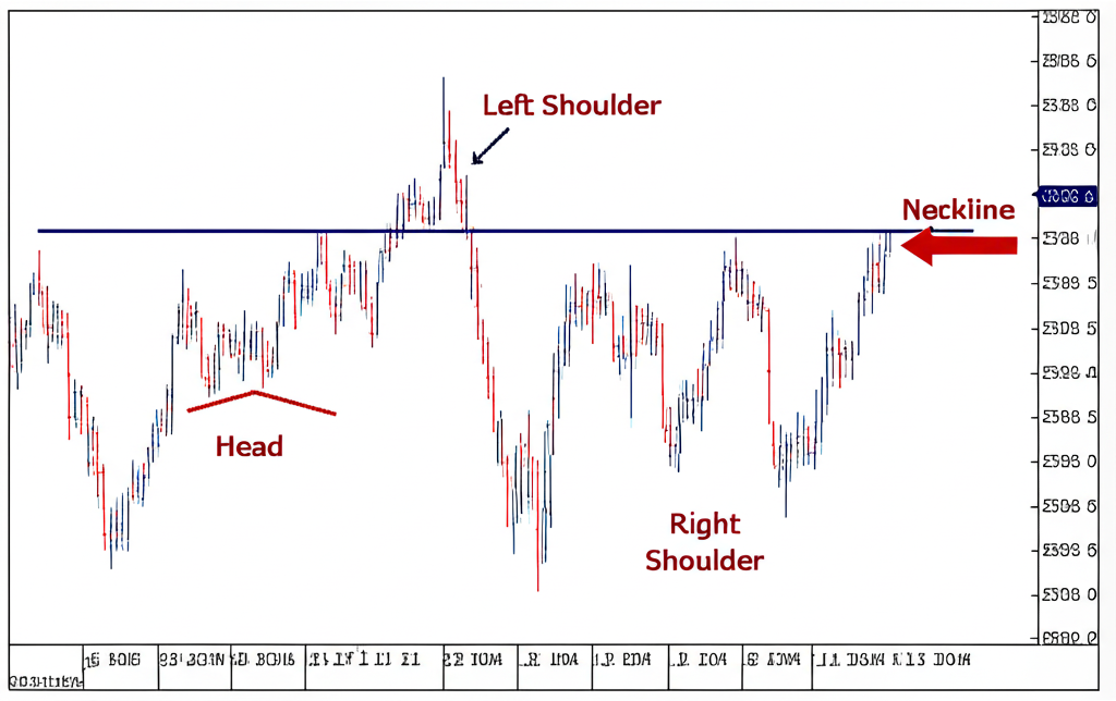 กราฟหุ้นแสดงโครงสร้างไหล่ซ้าย ศีรษะ ไหล่ขวา และเส้นคอของ Head and Shoulder Pattern อย่างชัดเจน