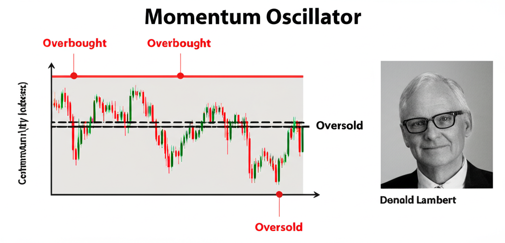 Illustration of a momentum oscillator graph showing overbought and oversold zones with a portrait of Donald Lambert