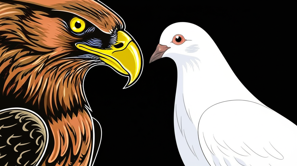 ภาพประกอบเหยี่ยวดุร้ายและนกพิราบอ่อนโยน สื่อถึงนโยบาย hawkish และ dovish