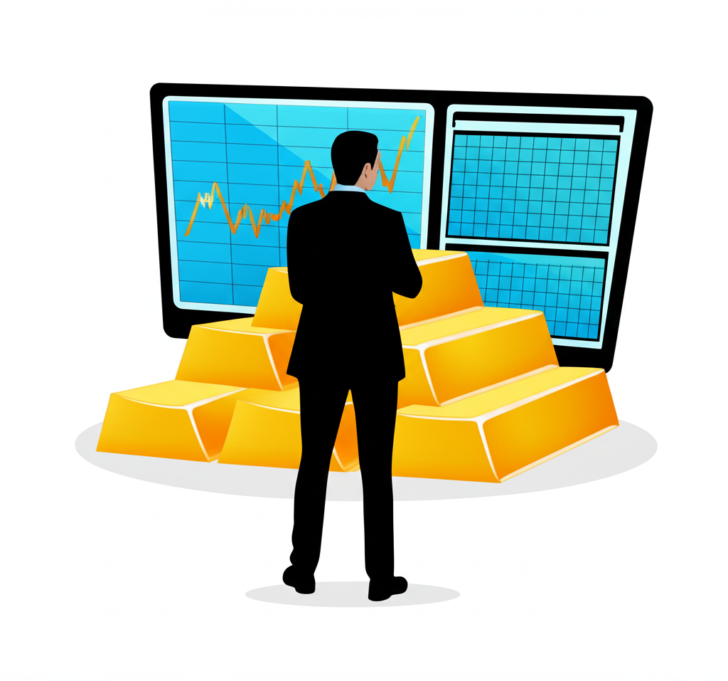 Illustration of a person looking at volatile stock market charts with gold bars representing stability