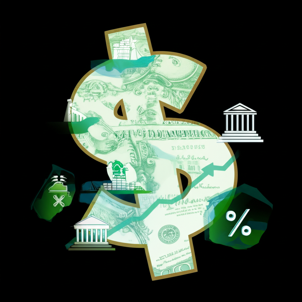 illustration of dollar currency influenced by multiple global economic factors and central bank policy