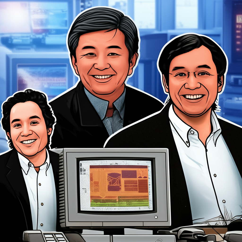 ภาพประกอบผู้ก่อตั้ง NVIDIA Jensen Huang, Chris Malachowsky และ Curtis Priem ในปี 1993 พร้อมกราฟิกคอมพิวเตอร์ยุคแรกและวิสัยทัศน์แห่งอนาคต