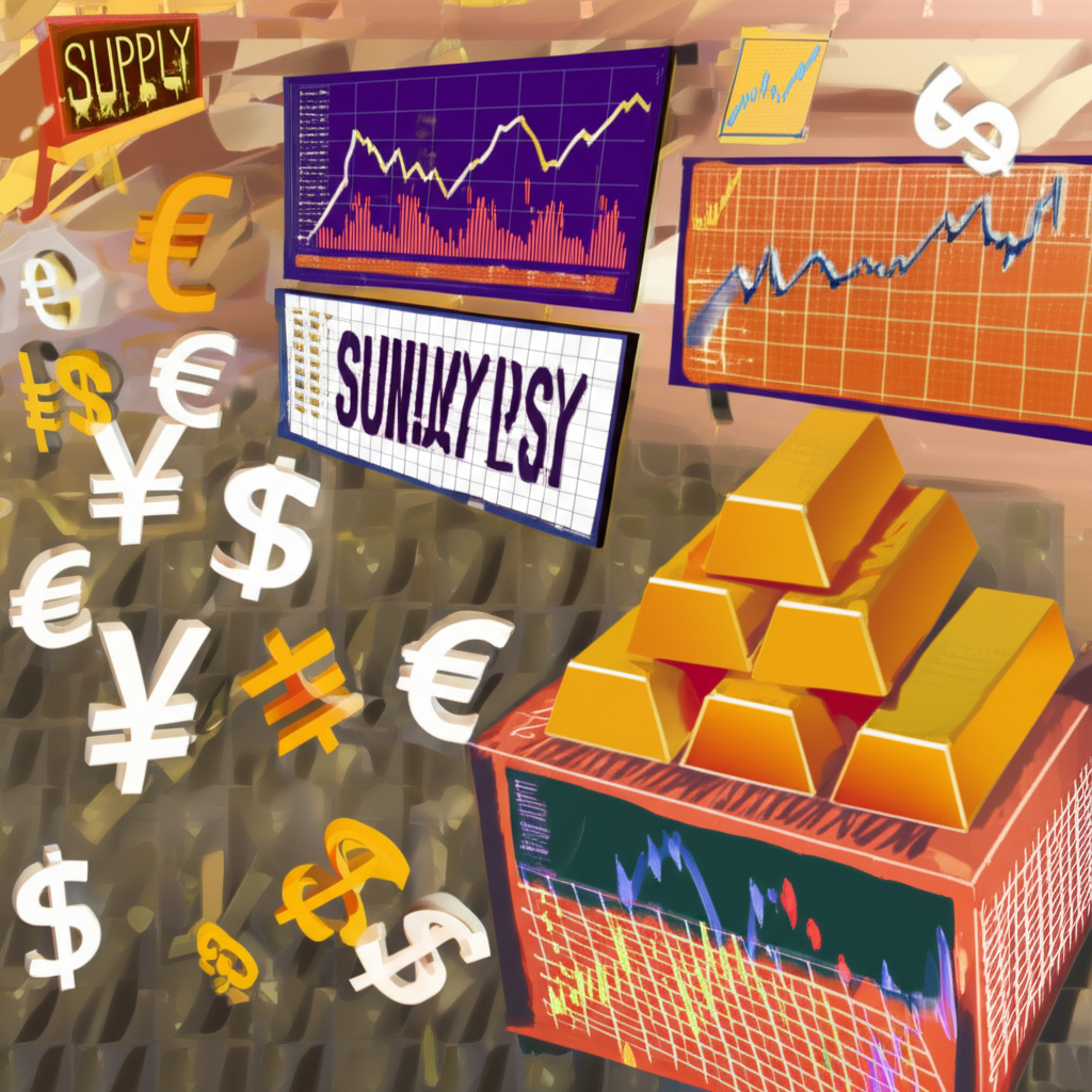 An illustration of a bustling market with diverse assets like currency symbols gold bars and stock charts showing supply and demand