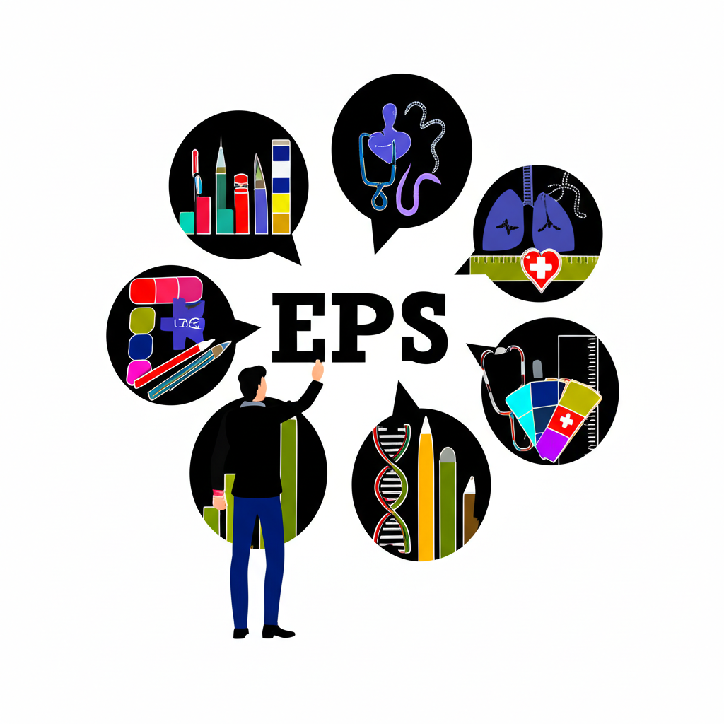 ภาพประกอบบุคคลกำลังนำทางผ่านส่วนต่างๆ ของข้อมูลเกี่ยวกับ EPS เช่น กราฟการเงิน สัญลักษณ์ทางการแพทย์ และเครื่องมือออกแบบ