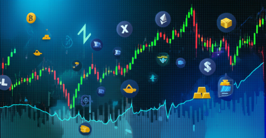 ภาพประกอบของกราฟการเงินและไอคอนสินทรัพย์ต่างๆ เช่น หุ้น คริปโต ทองคำ แสดงถึงโลกการเทรดทางการเงิน