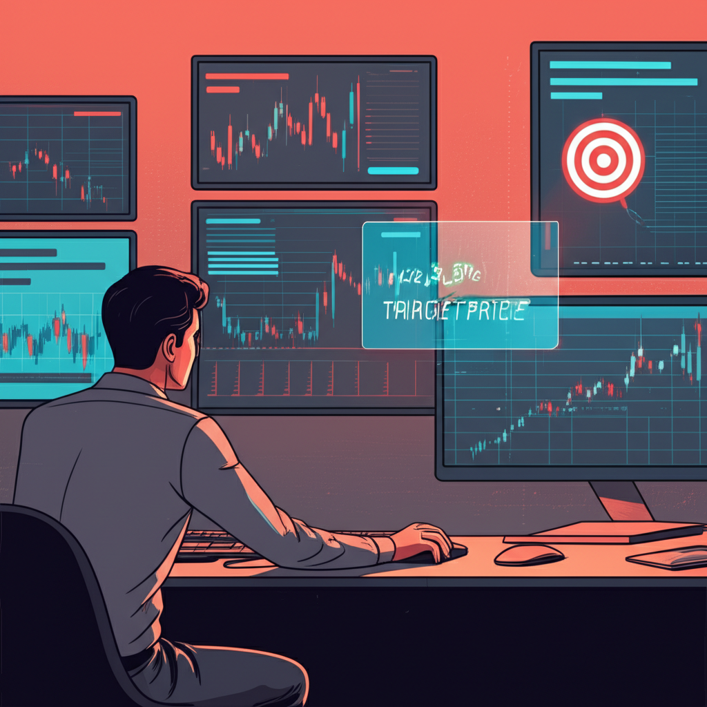 An investor studies stock charts and a glowing Target Price on a screen illustration style