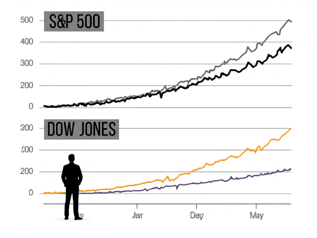 ภาพประกอบบุคคลยืนหน้าจอแสดงกราฟ S&P 500 Nasdaq และ Dow Jones