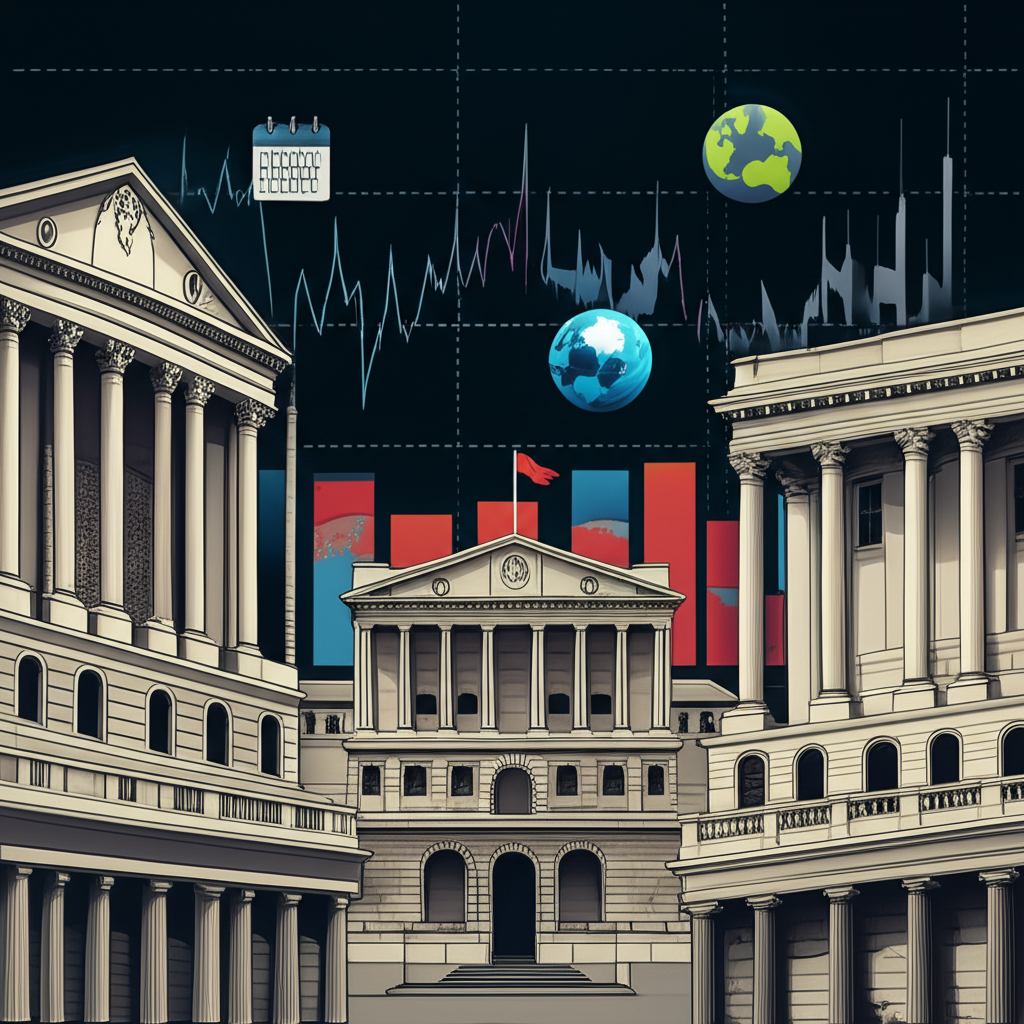 ภาพประกอบอาคารธนาคารกลาง BoE และ Fed พร้อมกราฟข้อมูลเศรษฐกิจและสัญลักษณ์เหตุการณ์โลกในพื้นหลัง การวิเคราะห์ปัจจัยพื้นฐาน