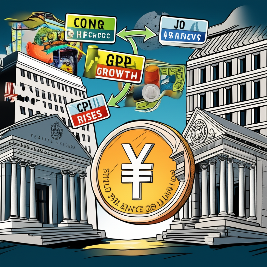 ภาพธนาคารกลาง Fed และ BoJ ที่มีอิทธิพลต่อกระแสสกุลเงิน พร้อมพาดหัวข่าวเศรษฐกิจ เช่น CPI, GDP และเหตุการณ์โลก เหรียญเยนในฐานะสินทรัพย์ปลอดภัย
