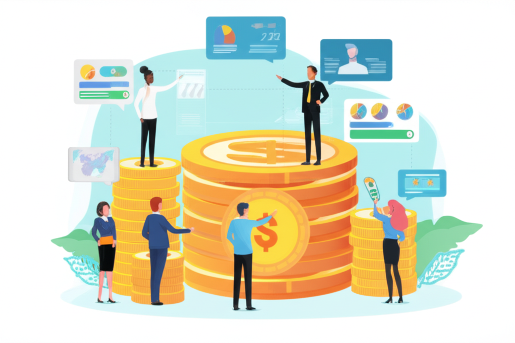 Diverse investors pooling money into a large fund managed by experts an illustration
