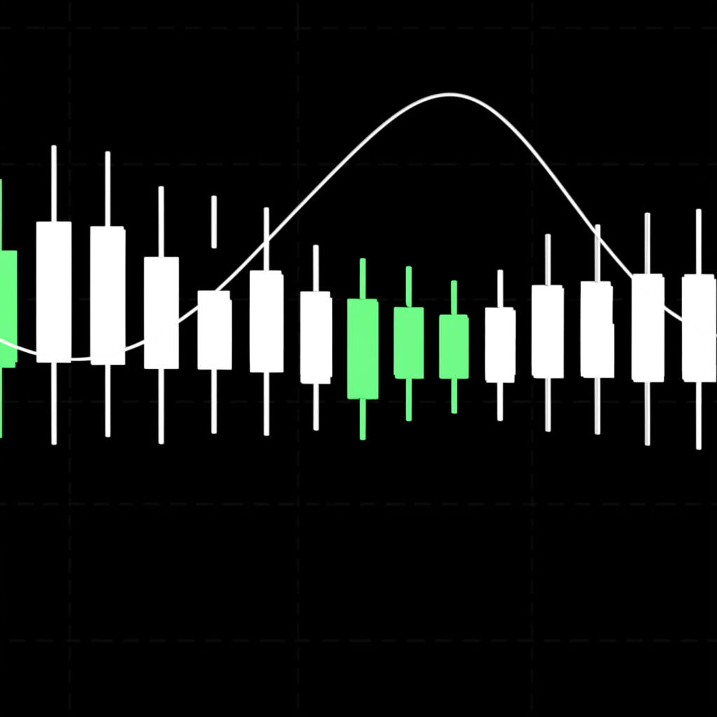 illustration of a financial graph with price candles and a moving average line smoothing out the fluctuations revealing the underlying trend