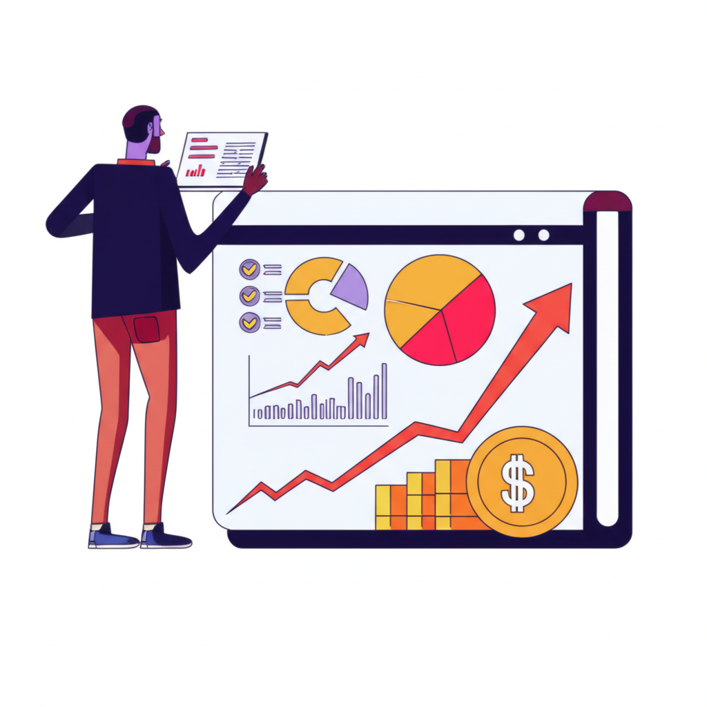 illustration of a person studying financial charts and making investment decisions with money symbols