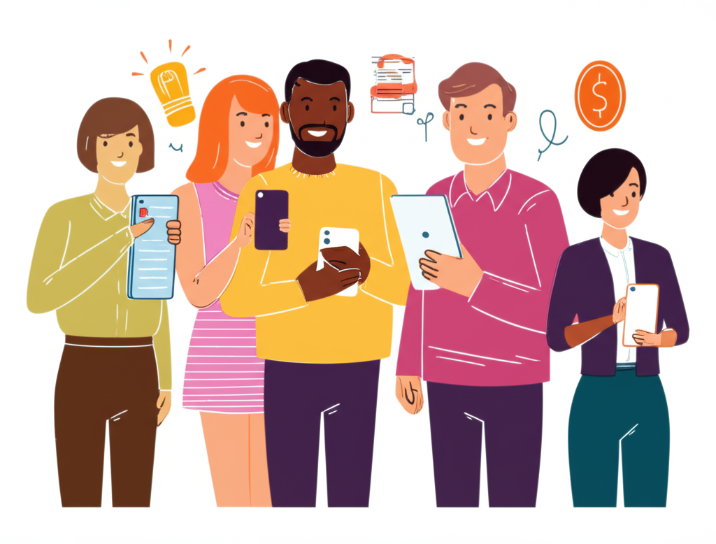 Illustration of diverse Thai investors happily accessing digital investment platforms with minimal fees