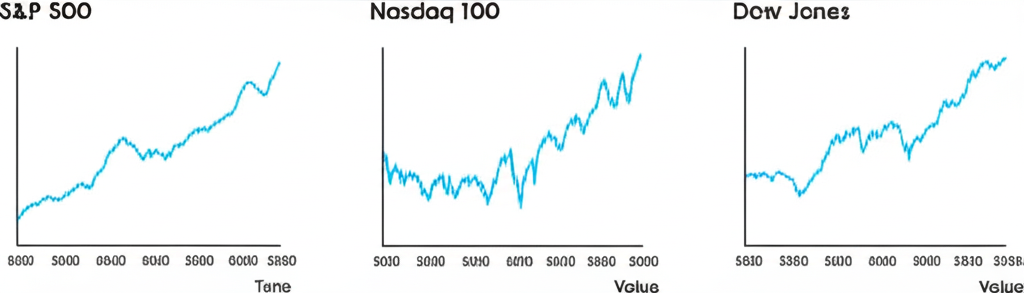 ภาพประกอบกราฟการเงินสามกราฟเคียงข้างกันแสดง S&P 500 Nasdaq 100 และ Dow Jones