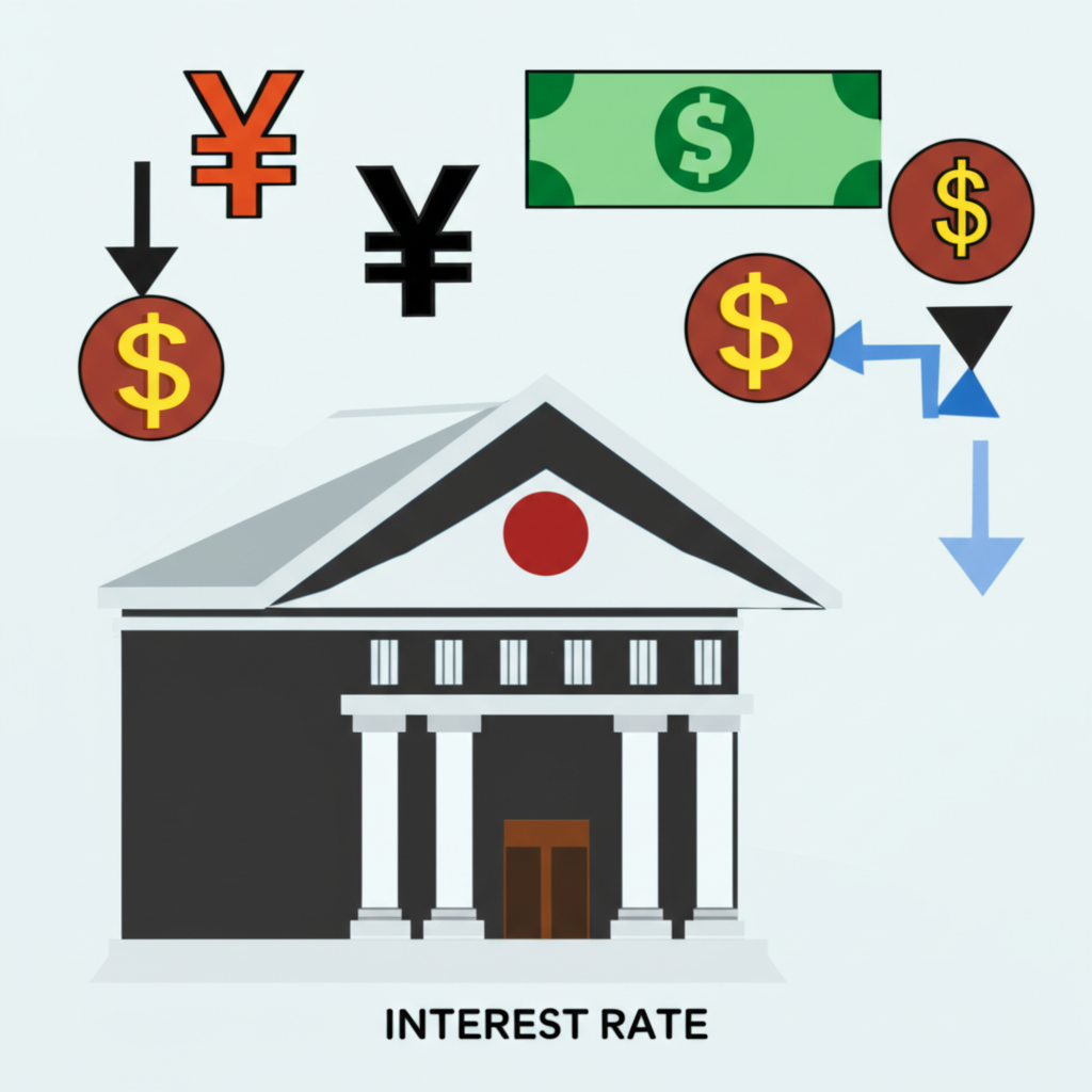 ภาพประกอบธนาคารกลางญี่ปุ่นพร้อมสัญลักษณ์อัตราดอกเบี้ยต่ำและช่องว่างระหว่างเงินเยนกับดอลลาร์