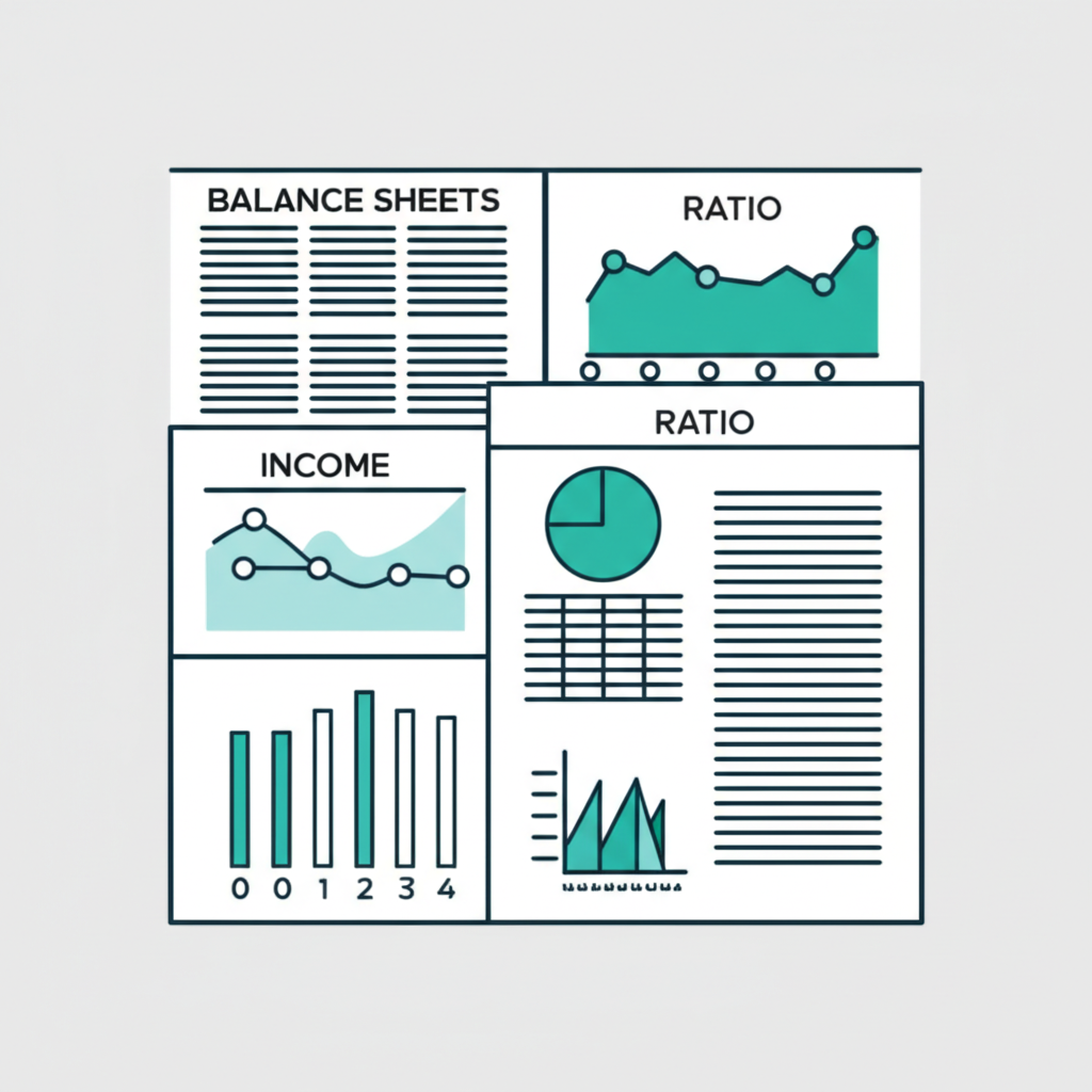 illustration of financial documents like balance sheets and income statements with ratio analysis
