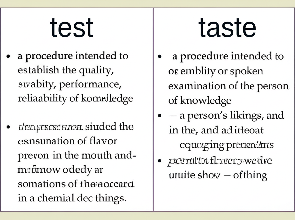 Illustration of a dictionary definition for test versus taste highlighting differences
