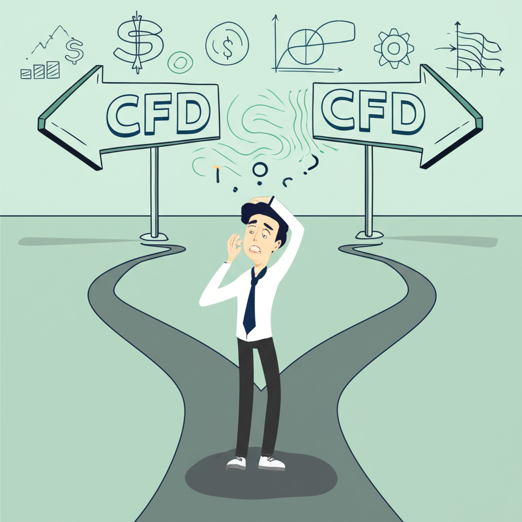 ภาพประกอบคนสับสนกับสองเส้นทางที่ติดป้าย CFD แทนความหมายทางการเงินและวิทยาศาสตร์