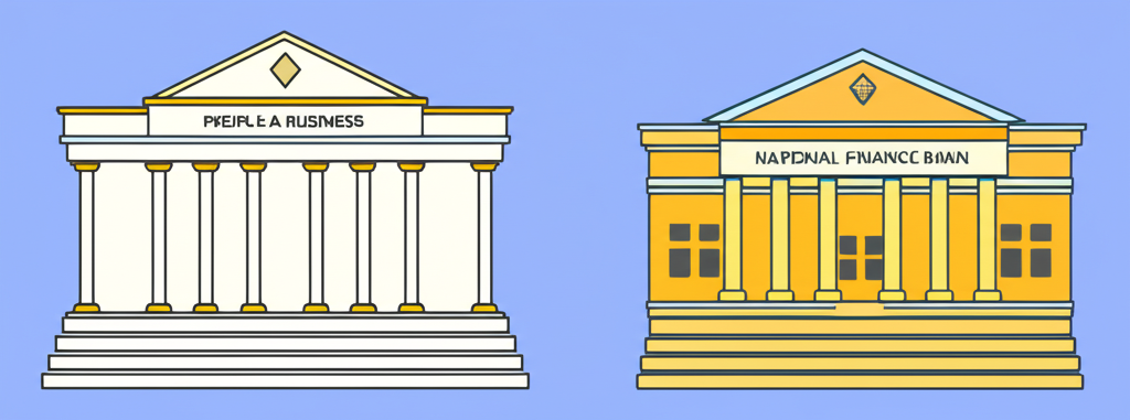 Illustration of two distinct banks one for people and business another for national finance representing Thailands first banks